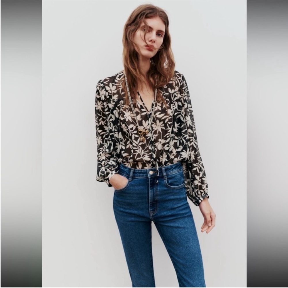 Zara, Ecru/Black, SEMI-SHEER FLORAL PRINT BLOUSE